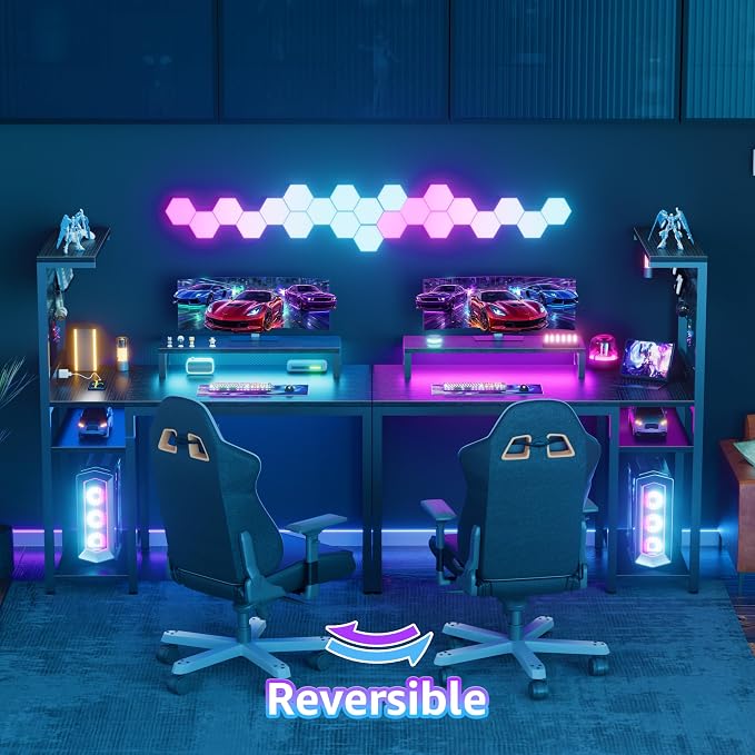 40 inch Small Gaming Desk with Pegboard Shelves Computer Desks with Led Lights Power Outlets PC Monitor Stand Reversible Storage Shelf Table for Bedroom Small Space, Black - Image 6