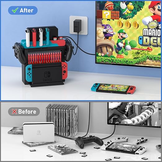 Switch Game Storage with Controller Charger for Nintendo Switch & OLED Model, Switch Charging Dock Charges 6 Joycons, Switch Gaming Accessories Holder Desk, Switch Game Gift Card Organizer (Red＆Blue) - Image 5