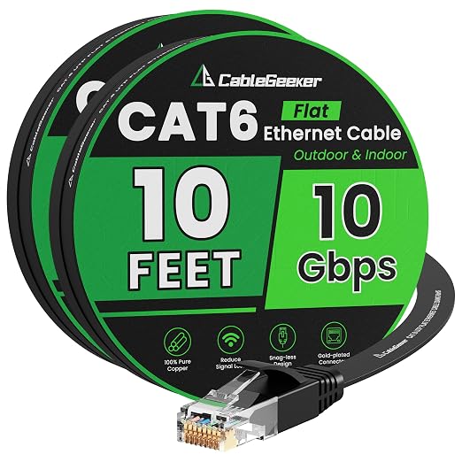 CableGeeker Cat 6 Flat Ethernet Cable 10ft 2Pack, 10Gbps, Black by CableGeeker