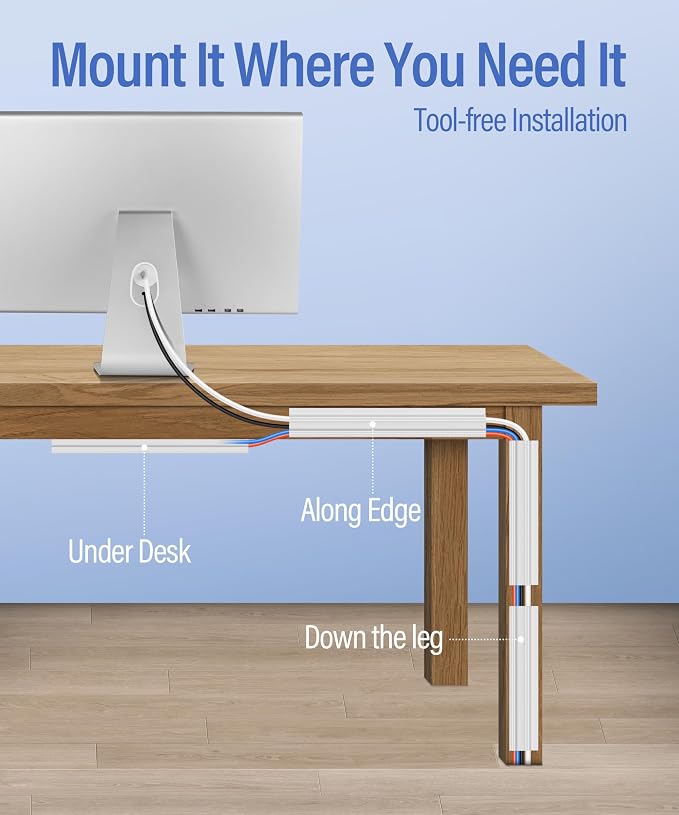 6 Pack Cable Management Under Desk, Open J Channel Raceway, Cord Organizer Tray for Desk, No-Drill Cable Hider for Desk & Wall, Wire Management Kit, Flame-Retardant PVC, 94.5" Total, White - Image 6