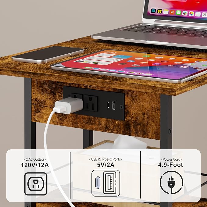 Rolling C-Shaped Side Table with Charging Station, Night Stand with Type-C & USB Port and Outlet for Bedroom, Spacious Coffee Table with Wheels for Living Room, Home Office, Small Space(Large Desktop) - Image 4