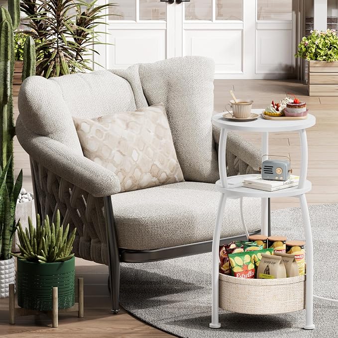 Side Table with Charging Station, Small Round End Table with Basket - Image 8