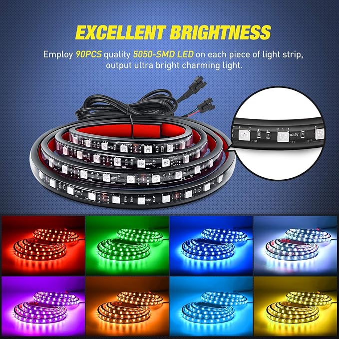 Nilight - TL-31 2PCS 60Inch RGB Truck Bed Light Strip Kit 180 LED RF Remote Control with On Off Switch Blade Fuse 2Way Splitter Extension Cable for Cargo Pickup Truck SUV RV Boat, 2 Years Warranty - Image 2