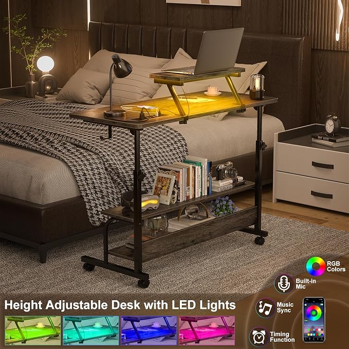 Height Adjustable Standing Desk with Power Outlets and LED Lights - 39" Manual Stand Up Desk with Monitor Stand and Storage Shelves Small Mobile Rolling Computer Desk Portable Laptop Table, Grey Oak - Image 5