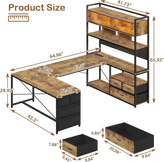 Dnxao 65" Gaming Desk with 3 Drawers and Pegboard, Rustic Brown | Reversible U Shaped Computer Desk with Power Outlets and LED Lights, Storage Shelves Workstation with Pegboard for Gamers - Image 2