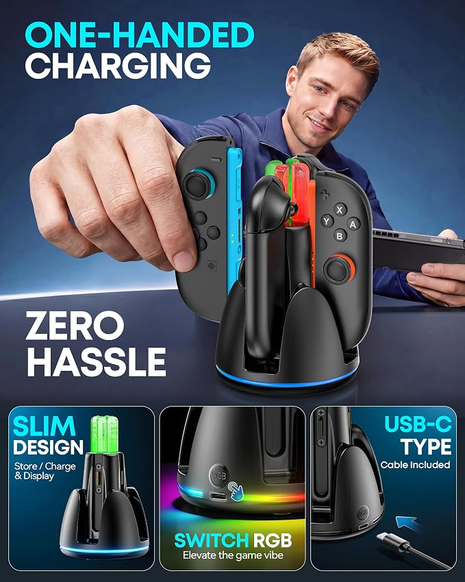 Switch Joycon Charger for SW 2 Model, Fast SW Charger Station with 9 RGB Lighting Modes & Dual-Direction Magnetic, Switch 2 Controller Charging Dock Accessories - Image 5
