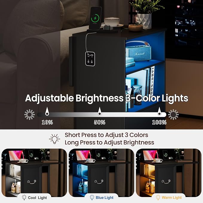 Dystler Rolling Side Table on Wheels, with Drawers & LED Lights Charging - Image 3