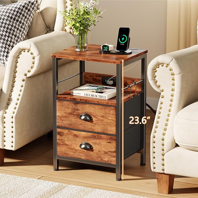 Nightstand with Charging Station for Dorm, 2 Fabric Drawers, Rustic Brown - Image 4