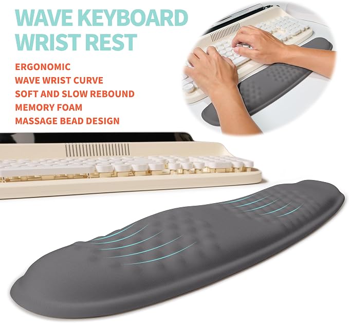 2-in-1 Ergonomic Set, Wave Rise Keyboard Wrist Rest and Massage Bulge Slope Mouse Pad Wrist Support, Cushion Memory Foam Integrated to Relieve Wrist Pain, Deep Gray - Image 2