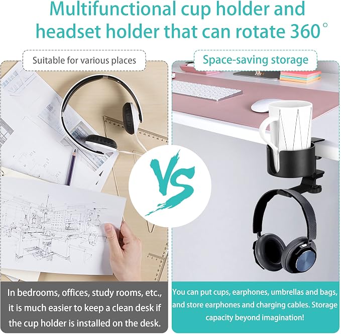 2 in 1 Desk Cup Holder with Headphone Hanger Holder, Anti-Spill Cup Holder-360° Rotation Aluminum Alloy Stand Hook Bearing Capacity 10kg/22lb Suitable for Coffee Mups,Water Cups,Bag,Headphone - Image 6