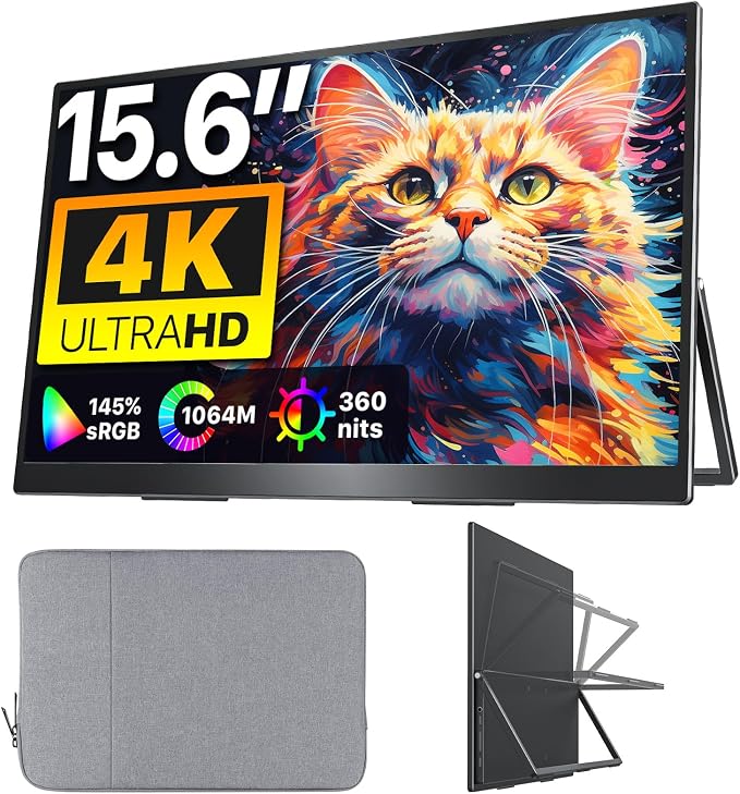Upperizon Portable Monitor 15.6 inch 4K UHD 3840X2160 145% sRGB IPS HDR HDMI USB-C Travel Monitor for Laptop MacBook PC Surface PS5 Xbox, External Display with Kickstand & Speakers, VESA Compatible by Upperizon