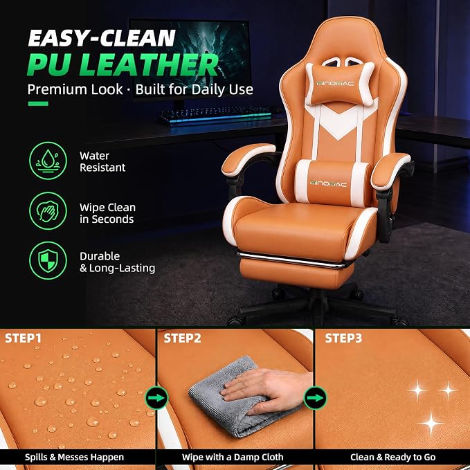 Gaming Chair Ergonomic Gamer Computer Office Chair,Footrest Lumbar Support | Reclining High Back, 400lbs Load, Pocket Spring Cushion, Adjustable Height, Linkage Armrests, 360° Swivel, Orange PU Leather - Image 8
