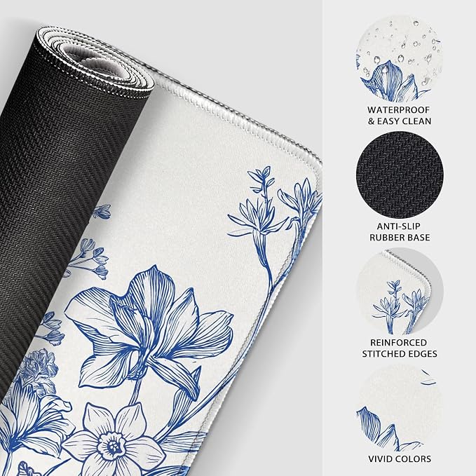 Large Gaming Mouse Pad Desk Mat 31.5"x15.7" Non Slip Blue Floral | Extended Mousepad, Non-Slip Rubber Base , Stitched Edges, for Computer/Laptop/Office/Home - Image 8