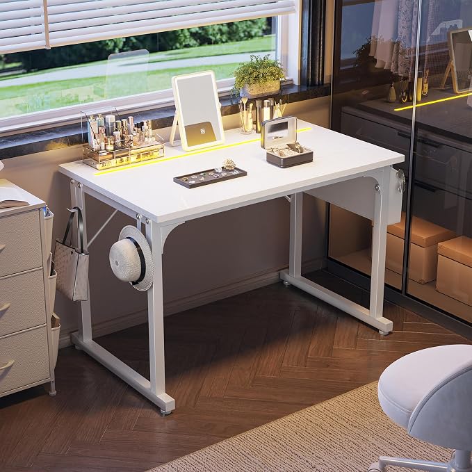 DurayLoly 40" Gaming Desk with Waterproof LED Lights for Bedroom,White - Image 4