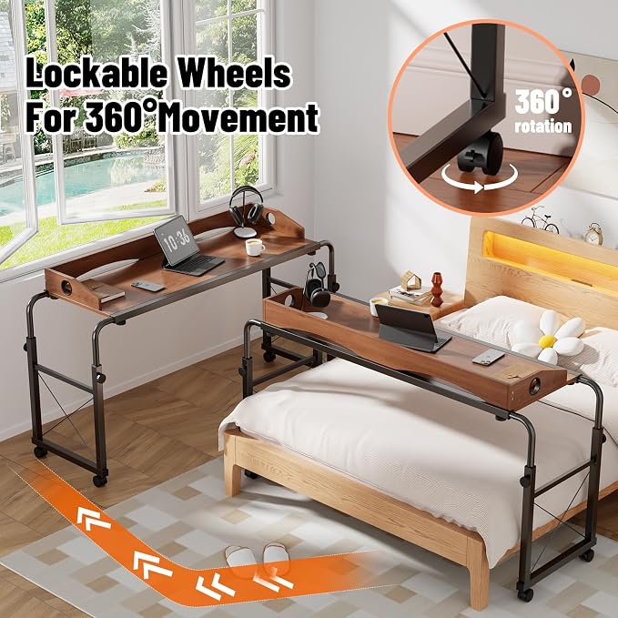 Overbed Table with Wheels, Adjustable Queen & King Bed Desk, Oaken - Image 4