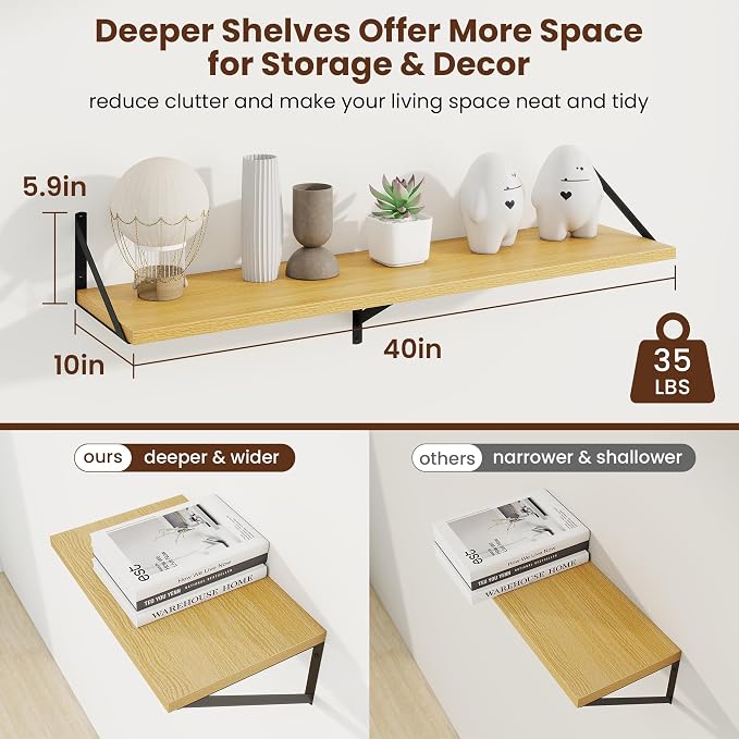 Axeman Deep Floating Shelves, 40'' x 10'' Oak Wall Shelves Set of 2 - Image 3