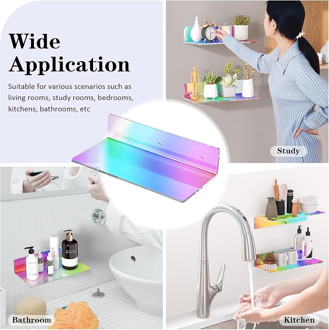 Sezanrpt 12 Inches Iridescent Acrylic Wall Shelves Set of 2, Wall Mounted Shelf for Funko Pop Shelves, Smart Speaker, Plants, Picture Frame, Digital Clock, 2 Pack - Image 6