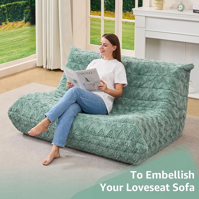 Hobestluk Large Bean Bag Chairs for Adults Fireside BeanBag Couch Togo Sofa | Ergonomic Design,Memory Foam,No Assembly,Faux Fur Fireside Lounge Floor Chair Back Support Dorm Room | Green Chevron Loveseat - Image 6
