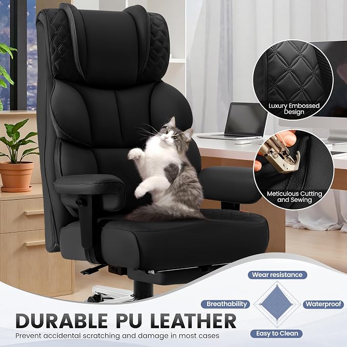 Office Desk Chair, Big and Tall Leather Gaming Chair with Footrest, Wide Ergonomic Comfy Executive High-Back Reclining Computer Chairs, Swivel Rolling Wheels and Padded Lumbar Support, Black Updated - Image 4