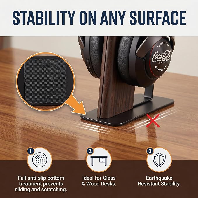Headphone Stand Desk Cute, No Assembly, Dark Brown | Weighted Base Headset Holder for AirPods Max Sony Bose Beats Sennheiser, Stable Gaming & Studio Earphone Rack, - Image 4