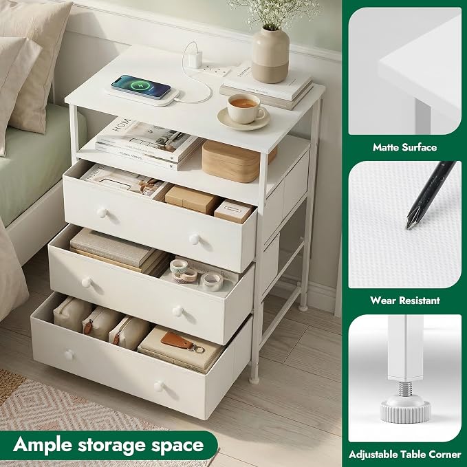 3-Drawer LED Nightstand with Charging Station, White - Image 4