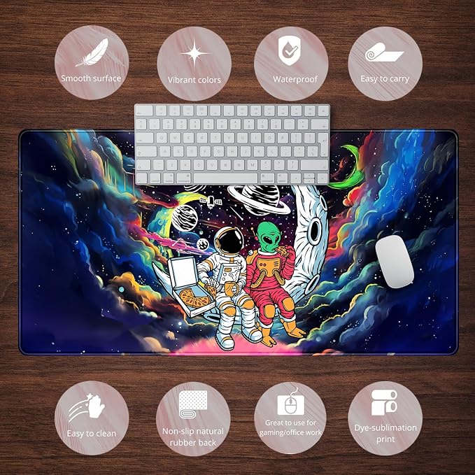 Funny Space Mouse Pad Desk Mat Astronaut Alien Large Gaming Mouse Pads Anime Desk Pad Mousepad XXL Cool Trippy Universe Extended Keyboard Mat with Stitched Edges Anti-Slip, 31.5 X 15.8 in - Image 6
