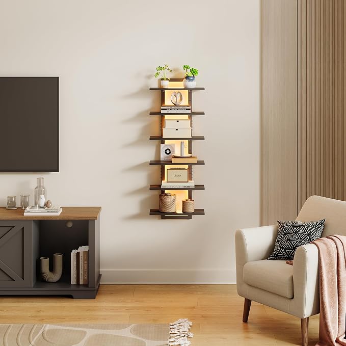 LED Wall Mounted Display Shelf with RGB Lights, 6-Tier Vertical Wall Shelf for Gaming Room, Bedroom and Living Room, Floating Shelves for Collectibles and Decor, 15"W x 5.5"D x 43.3"H, Black - Image 2