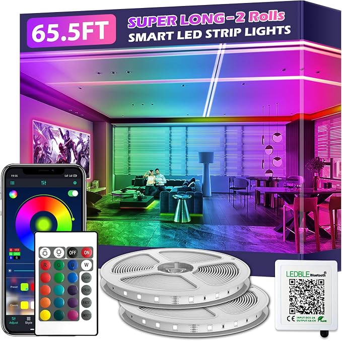 65.5FT Led Strip Lights,Long Smart Led Light Strips Music Sync 5050 RGB Color Changing Rope Lights,Bluetooth APP/IR Remote/Switch Box Control Led Lights for Bedroom,Home Decoration,Party,Festival by LETIANPAI