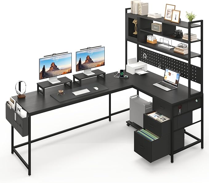 L-Shaped Computer Desk with Charging Station and Light Strip, Gaming Desk with Pegboard & Storage Shelves, Corner Table with 3 Drawers, Monitor and Computer Tower Stand for Home Office, Black - Image 7