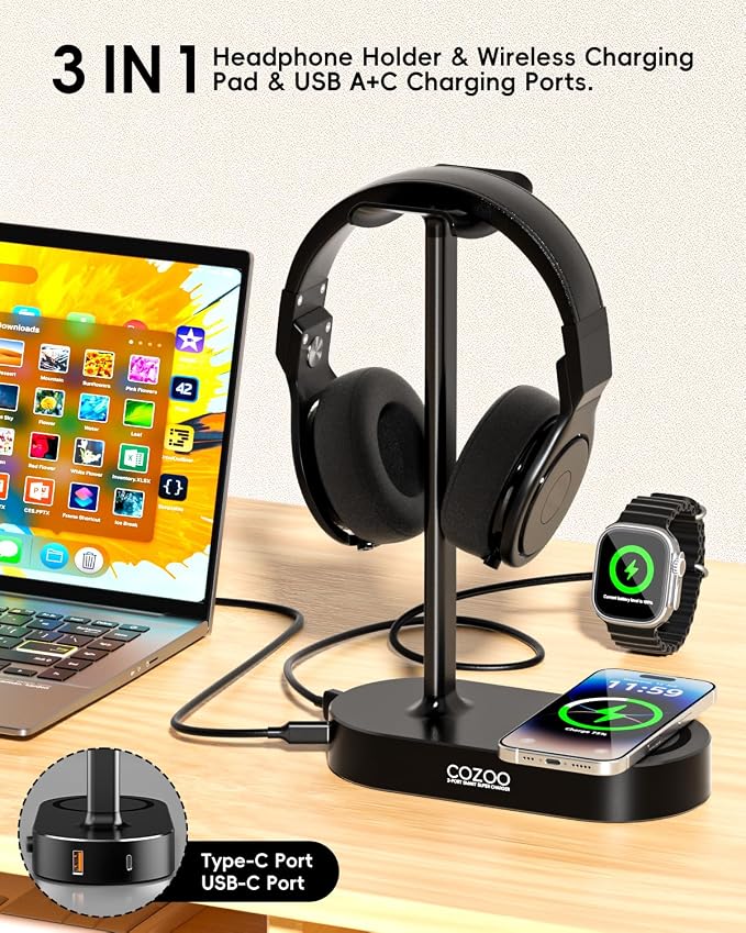 COZOO Headphone Stand with Fast Wireless Charging Pad and 2 USB Charging Ports, Suitable for Gaming, DJ, Wireless Earphone Accessories - Image 2