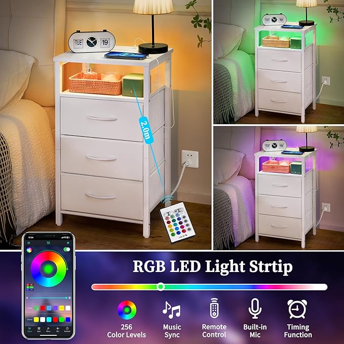 Yoobure Night Stand with Charging Station, LED White Nightstand for Dorm - Image 4