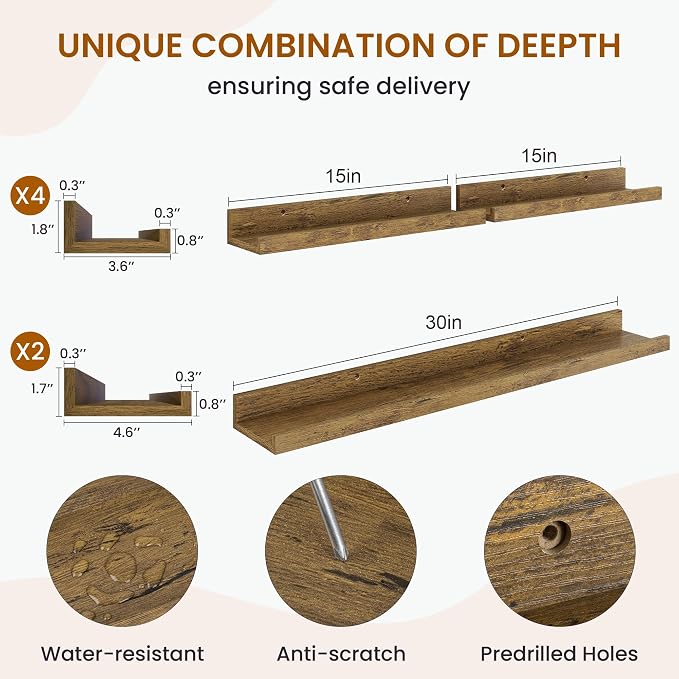 Picture Ledge Shelf, Floating Shelves for Wall Decor, Brown, Set of 6, 30'' - Image 3
