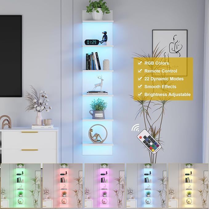 Qupui 6-Tier Wall Shelf with LED Remote, 57" Floating Storage, White - Image 6