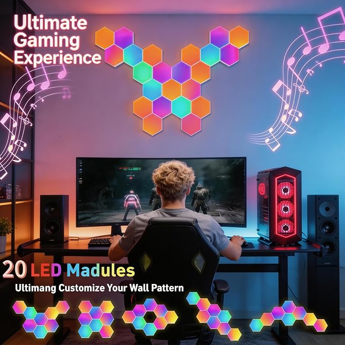 NIUCOO 20 Pack Hexagon LED Light Wall Panels – RGB Smart Gaming Light with App, Remote and Music Sync, Modular Gaming Wall Decor for Bedroom, Game and Living Room - Image 5