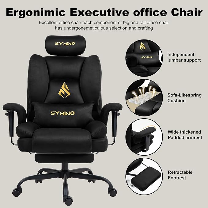 Symino Gaming Chair with Footrest, Up/Down Armrests, Suede Fabric Ergonomic Office Chair, 150° Recline Computer Chair for Desk, Black - Image 4