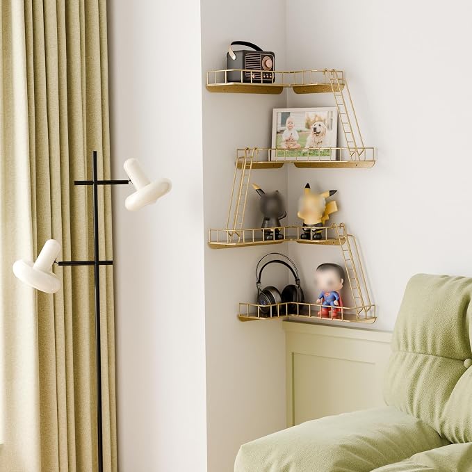 Fire Escape Wall Shelf - Modern City Style 4-Tier Corner Wall Shelves, Easy to Install Metal Ladder Shelf for Figures, New York Decorative Shelves for Bathroom, Living Room & Home Decor,Gold - Image 4