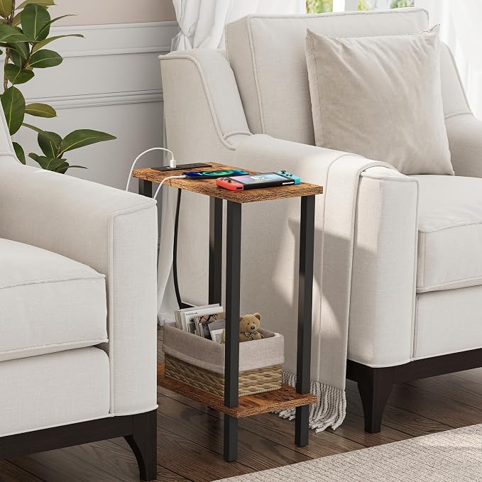 TUTOTAK Narrow Side Table, 2-Tier Small End Table with Charging Station - Image 6