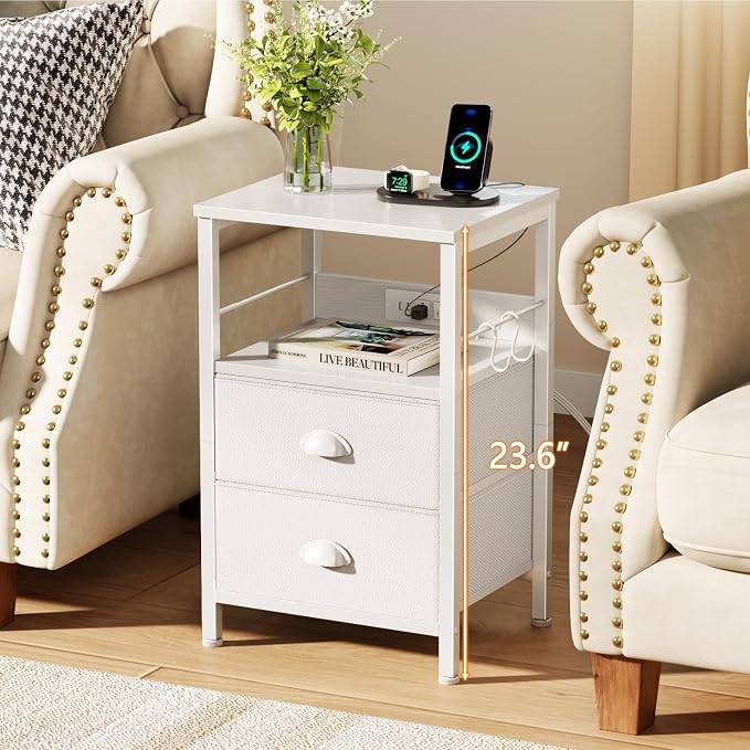 Furologee End Table with Charging Station, Nightstand with Fabric Drawers, Side Tables with USB Ports & Outlets, Night Stand with Storage Shelf & Hooks, for Living Room/Bedroom, White - Image 4
