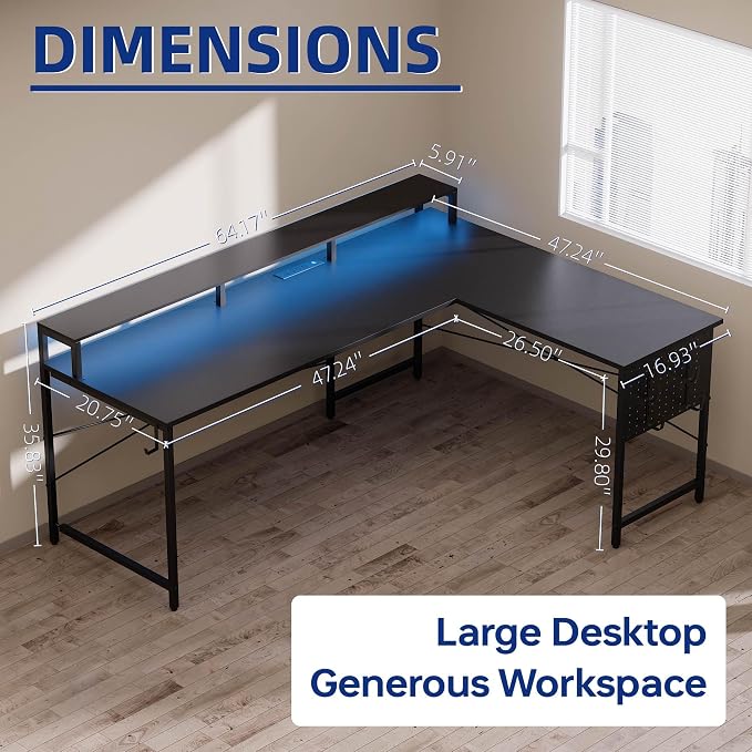 Pamray 64 Inch L Shaped Gaming Desk with Monitor Stand and Power Outlets | Large Corner Computer Desk With Pegboard & Led Lights USB Charging Ports for Home Office Study and Writing Bedroom and Dorms - Image 5