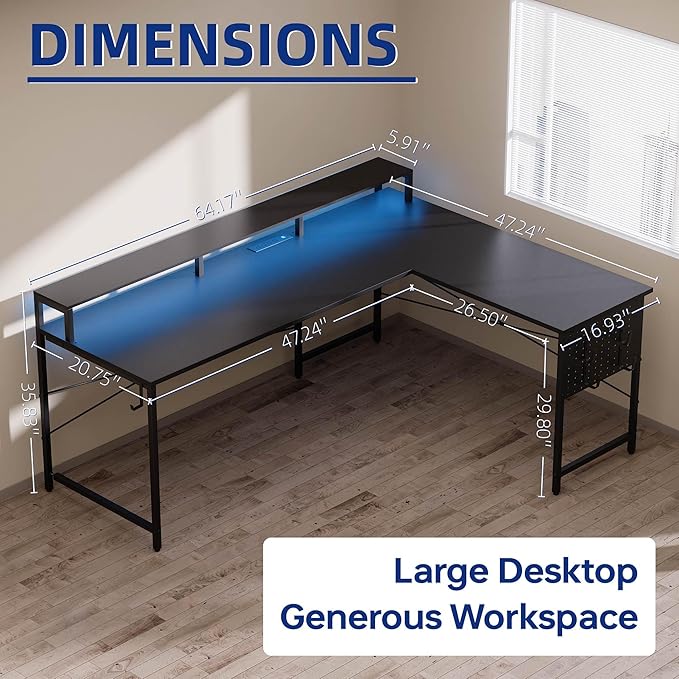 Pamray 64 Inch L Shaped Gaming Desk with Monitor Stand and Power Outlets | Large Corner Computer Desk With Pegboard & Led Lights USB Charging Ports for Home Office Study and Writing Bedroom and Dorms - Image 8