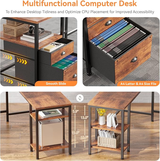 Furologee 50 Inch L Shaped Computer Desk with Power Outlet, Rustic Brown - Image 7