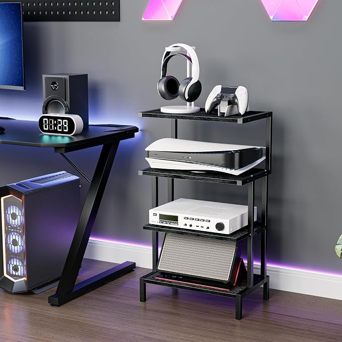 Aquzee Media Stand, Gaming Shelf, 4 Tier Small Electronics Shelves Video Game Console Organizer Cabinet, Wood Stereo Racks AV Shelves for Entertainment Center Storage, Recreation Room Furniture,Black - Image 2