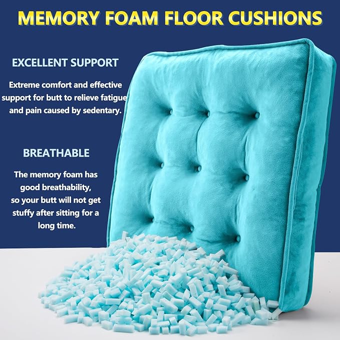 1 MIDDLE ONE Floor Pillow Set of 2, Memory Foam Meditation Cushion, Floor Cushions for Adults Sitting, Large Square Seat Cushions for Yoga, Couch, Sofa, Kids, Living Room, 20x20 Inch (Blue) - Image 2