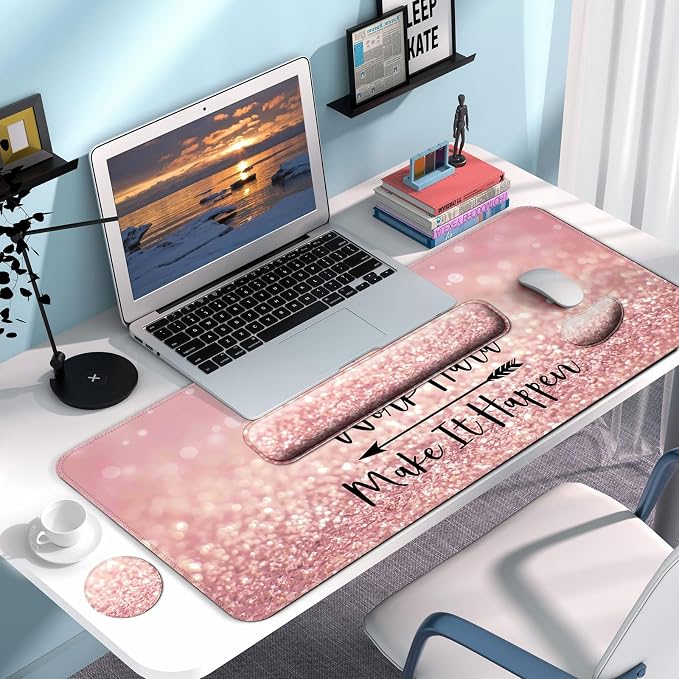 4 in 1 Mouse Pad and Keyboard Wrist Rest,Large Desk Mat,Coaster Set-Pink - Image 7