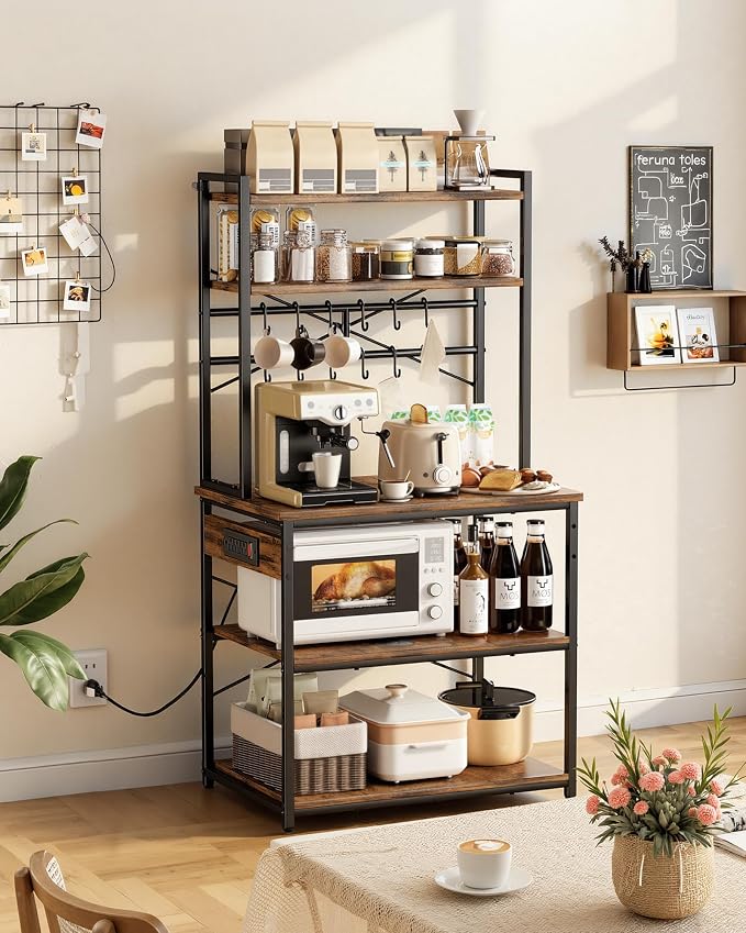 VEVOR Kitchen Bakers Rack with Power Outlets, 31.5 x 15.7 x 63.7Inch Microwave Stand with Built-in Power Strip & 5 Ft Cord, 12 S-Shaped Hooks, for Dish Storage, Spice Jars, Coffee Bar Organization - Image 2