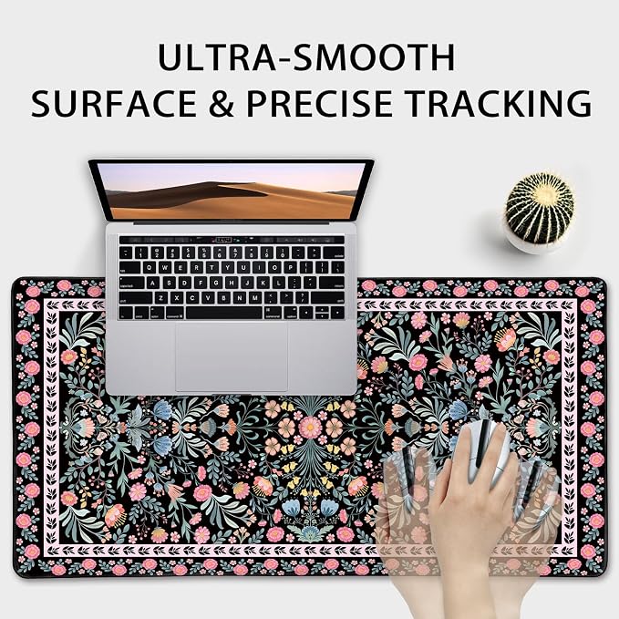 Black Floral Desk Mat Large Mouse Pad 31.5"x15.7" Non-Slip | Extended Mousepad, Non-Slip Rubber Base , Stitched Edges, for Computer/Laptop/Office/Home - Image 9