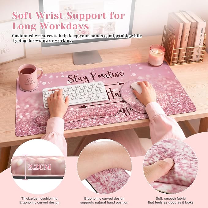 iCasso Pink Ergonomic Mouse Pad with Wrist Rests Set for Desk Accessories - Image 4