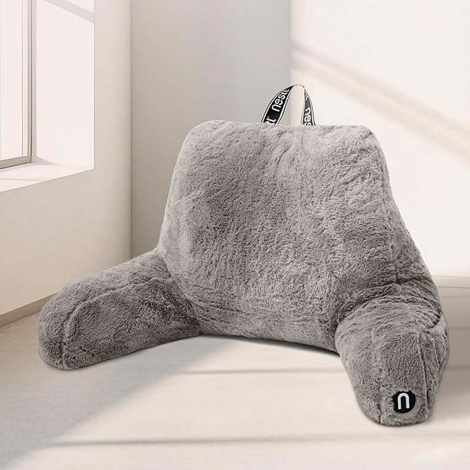Nestl Fur Reading Pillow, Stylish Back Pillow for Bed Sitting Up, Faux Fur Bed Chair Pillow with Arms, Reading Pillows for Sitting in Bed Adult & Kids, Sit Up Back Support Pillow for Bed Rest - Grey by Nestl