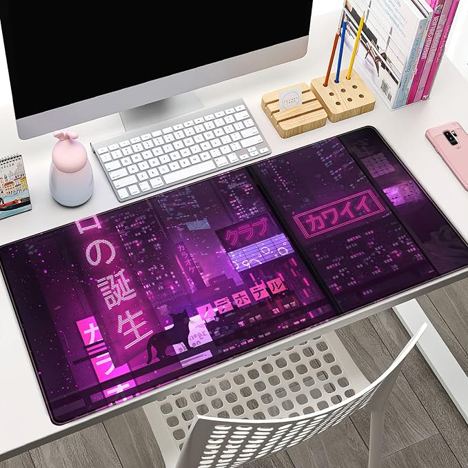 Purple Gaming Mousepad Japanese Desk Mat XXL Extended Anime Cool Large Mouse Pad Keyboard Mouse Mat Desk Pad for Computer Laptop Gamers 31.5''X15.7'' Non-Slip Rubber Base with Stitched Edges - Image 2