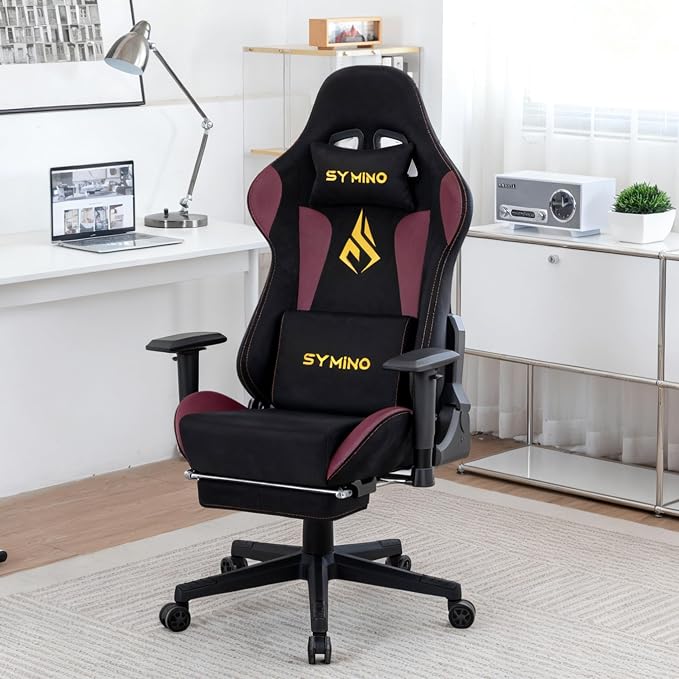 Symino Gaming Chair, High Back Ergonomic Office Chair with 2D Adjustable Armrests, 150° Recline, Breathable Faux Suede, Adjustable Headrest & Footrest for Home Office - Image 2